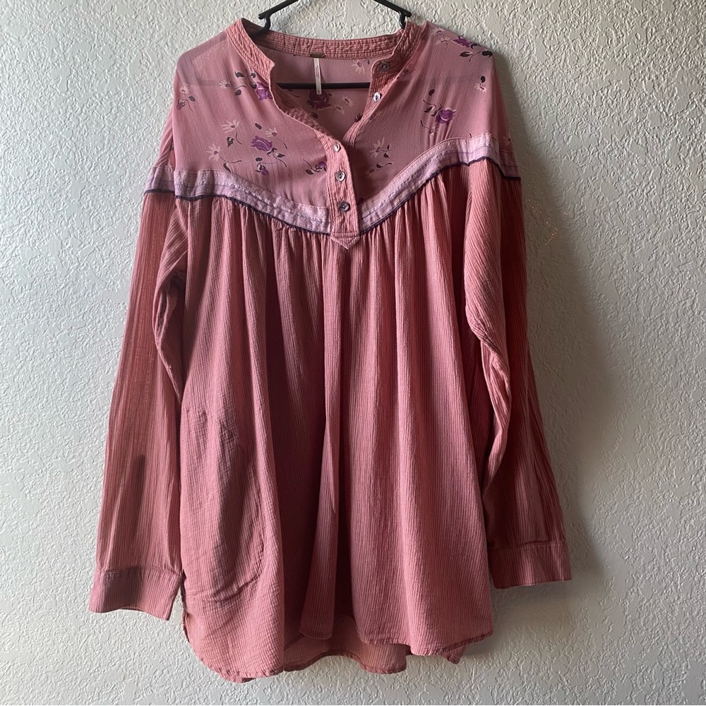 Free People Pink Embellished Long Sleeve Blouse